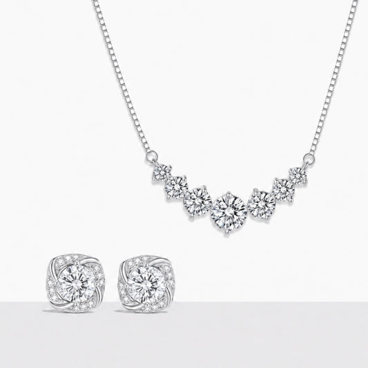 Aubrey 4.8ctw moissanite set with seven stone necklace and square stud earrings on a white background