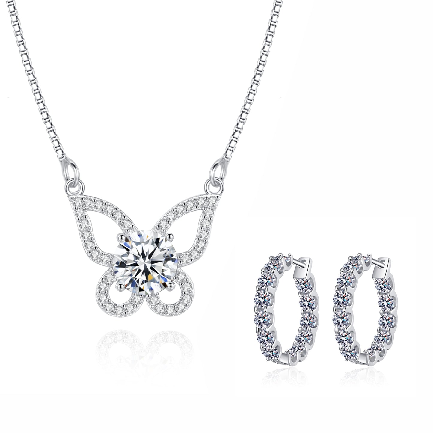 Butterfly Diamond Necklace and 2.6ct Diamond Earring Hoops in Moissanite