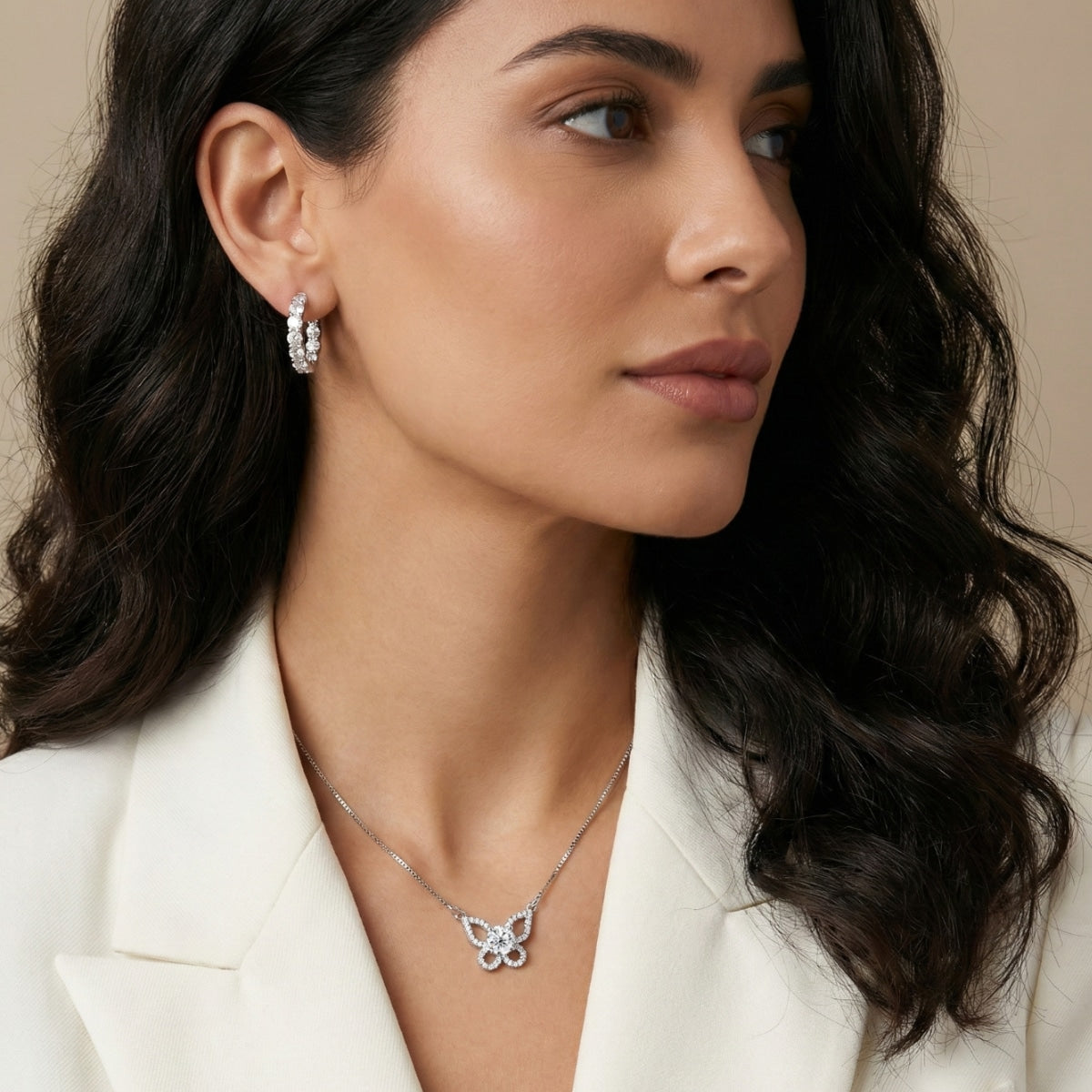 Butterfly Diamond Necklace and 2.6ct Diamond Earring Hoops in Moissanite