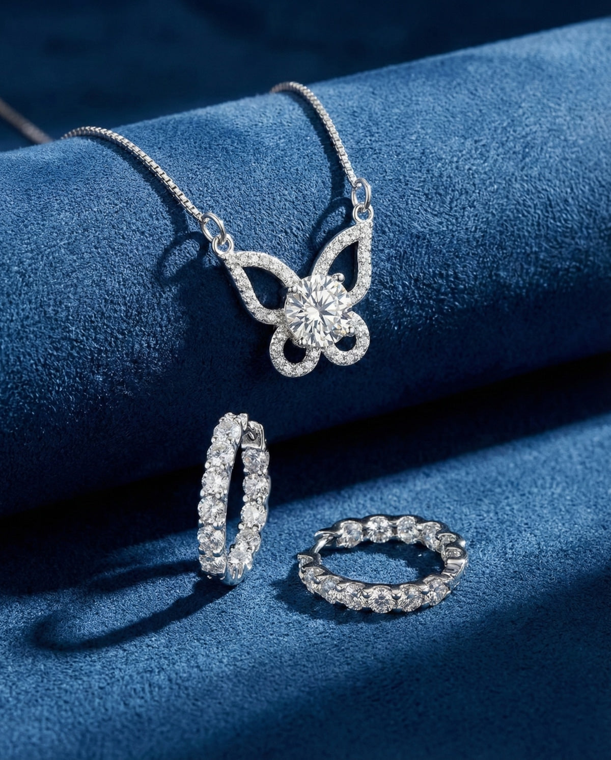 Butterfly Diamond Necklace and 2.6ct Diamond Earring Hoops in Moissanite